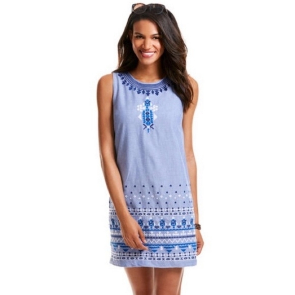 Vineyard Vines Light Blue and Navy Embroidered Sleeveless Shift Dress